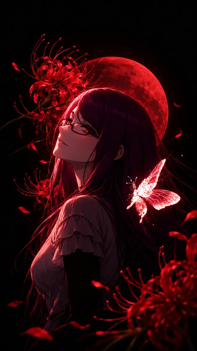 부드러운 미소를 지으며 위를 바라보고 안경을 쓴 Rize Kamishiro가 검은 배경에 붉은 상사화와 빛나는 나비로 둘러싸여 있다.