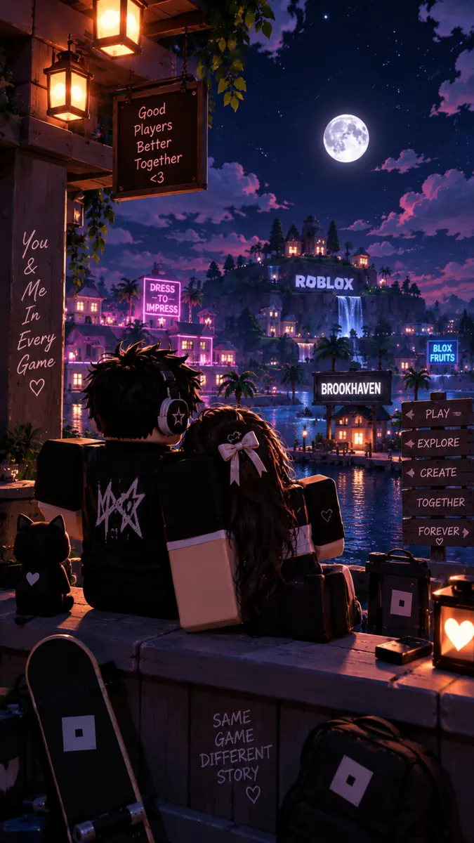 Deux personnages Roblox assis ensemble sur une corniche la nuit, regardant une ville lumineuse avec une pleine lune au-dessus.