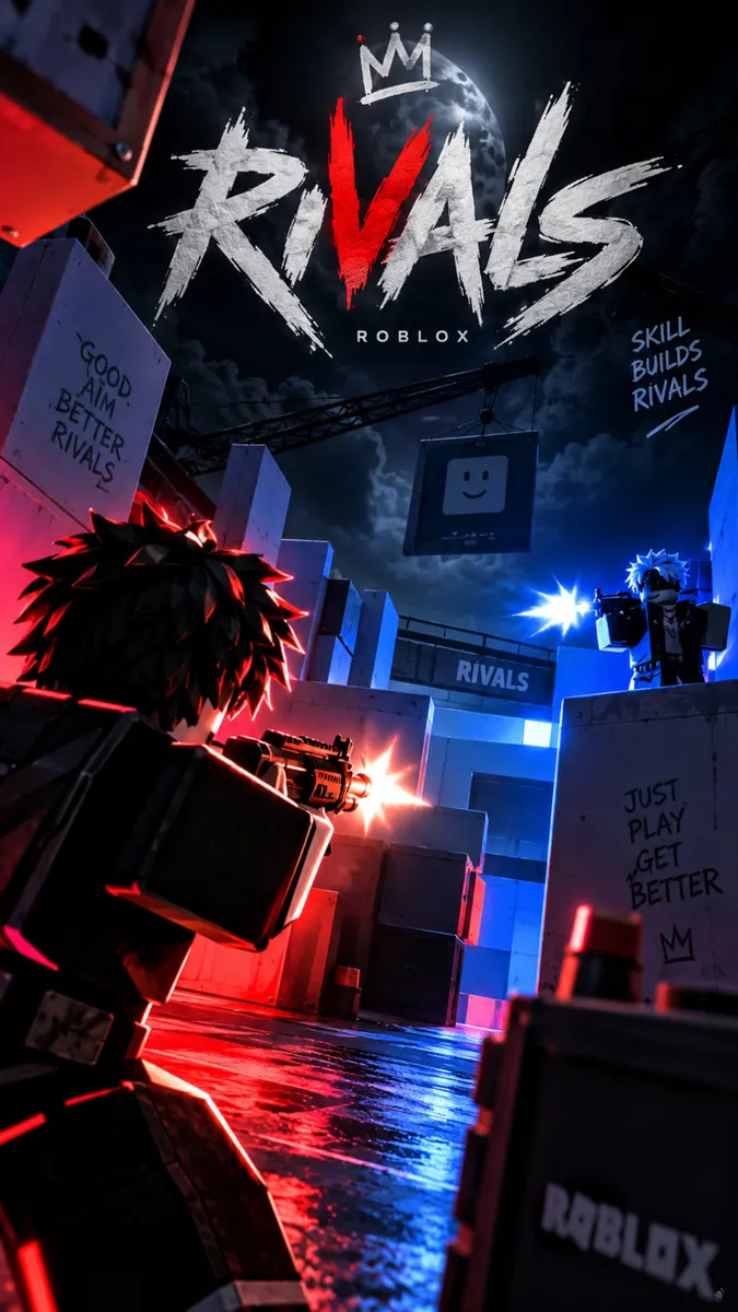 شخصيتان مكعبتان من Roblox في ساحة مظلمة مع إضاءة حمراء وزرقاء، توجهان الأسلحة نحو بعضهما البعض أثناء المباراة.