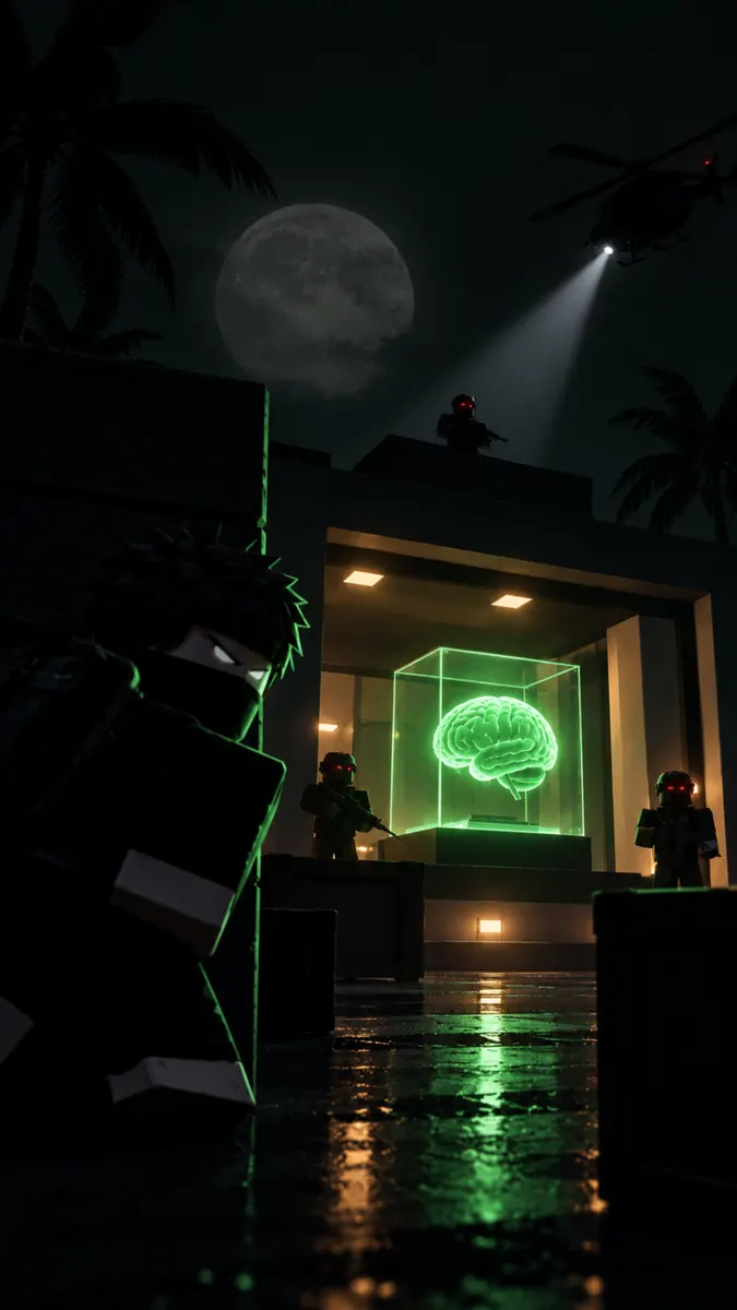 Personnages Roblox en équipement tactique effectuant un braquage de nuit avec une vitrine de cerveau vert brillant et un hélicoptère au-dessus.