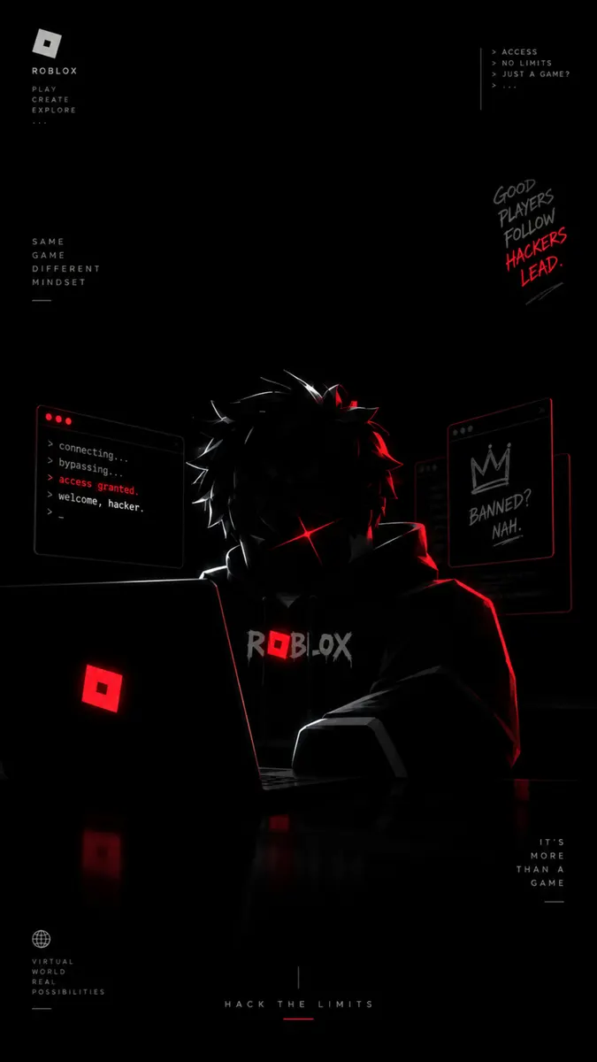 Eine silhouettierte Person mit Kapuze, die an einem Laptop mit rotem Roblox-Logo und Hacker-Schnittstellenfenstern in einem dunklen Raum sitzt.