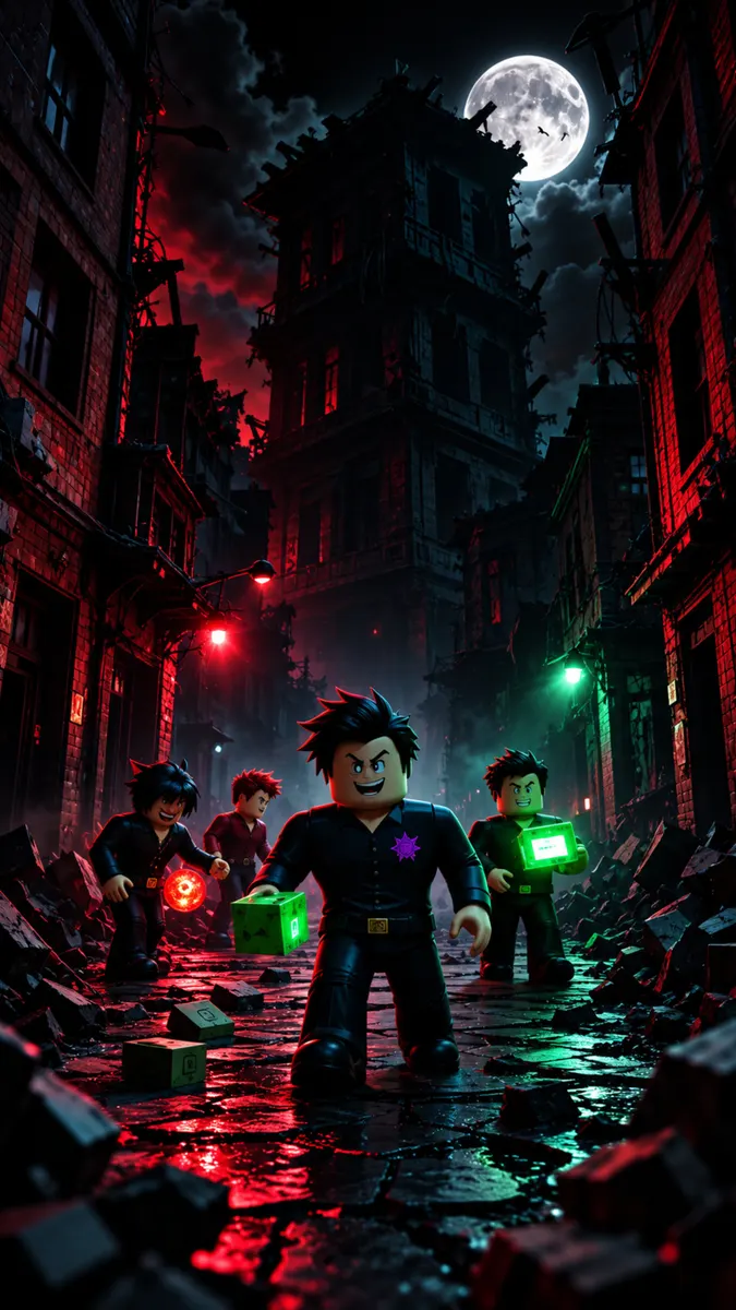 Четыре фигуры Roblox в темных нарядах стоят на заваленной обломками улице ночью, а над ними полная луна.