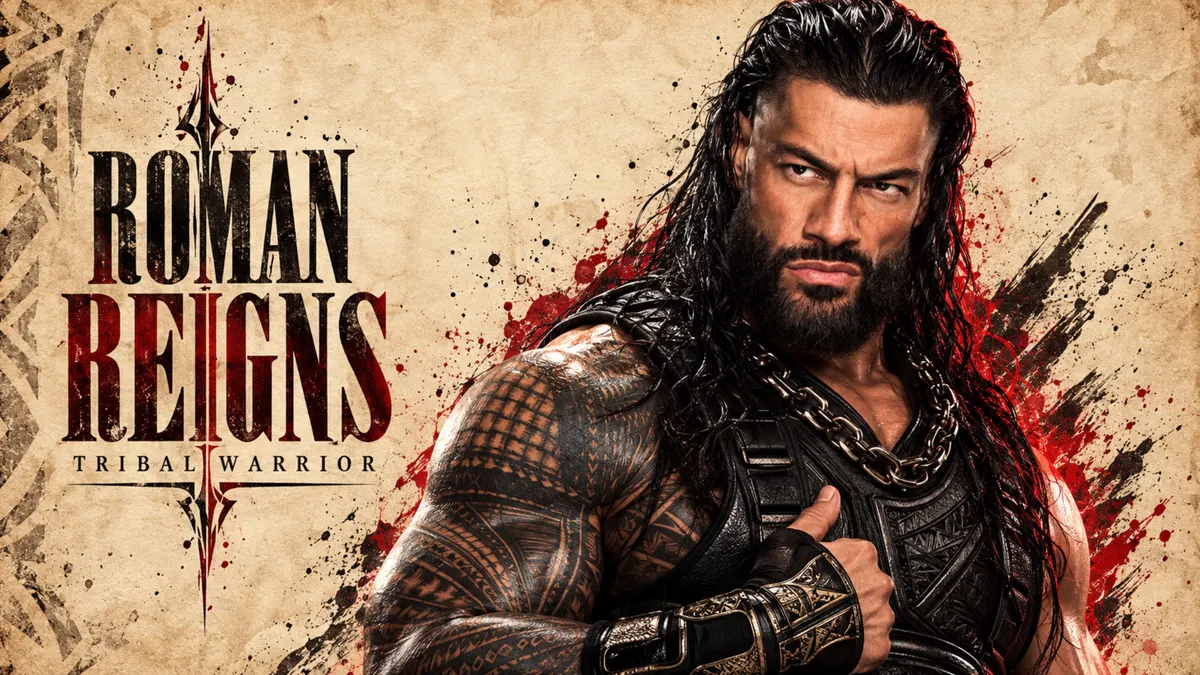 Roman Reigns con cabello largo oscuro y tatuajes tribales vistiendo equipo de lucha negro sobre un fondo texturizado con salpicaduras de pintura roja.