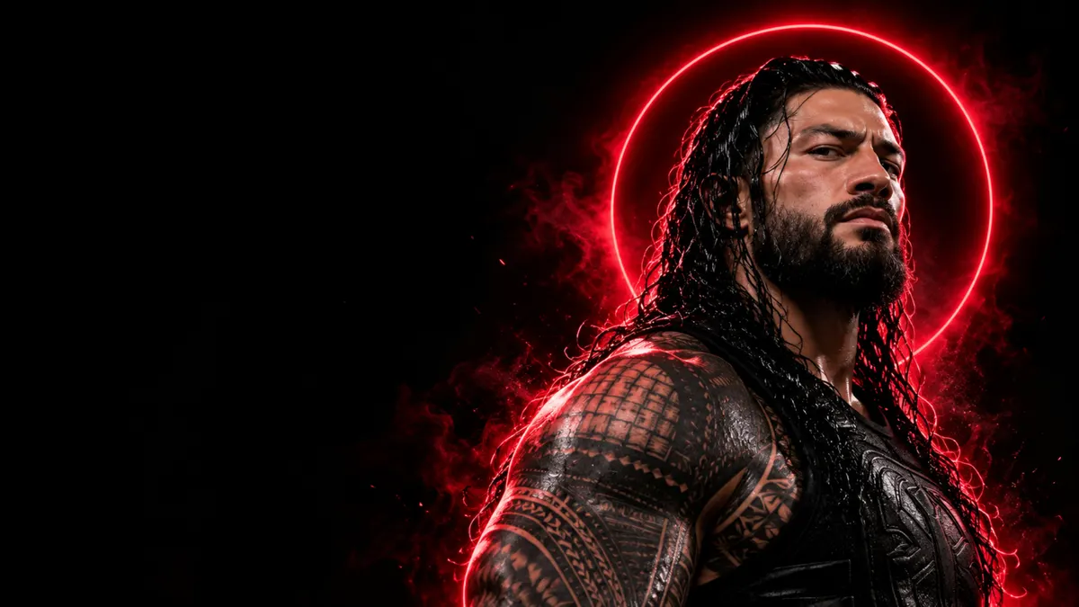 Roman Reigns с длинными темными волосами и племенными татуировками на руках перед светящимся красным кругом на черном фоне.