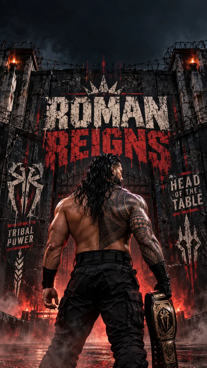 Roman Reigns من الخلف، يرتدي بنطالاً تكتيكياً أسود ويحمل حزام البطولة أمام بوابة قلعة مظلمة.