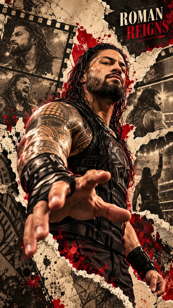 كولاج لـ Roman Reigns بملابس المصارعة السوداء مع بقع حبر حمراء وحواف ورق ممزقة على خلفية ذات ملمس.