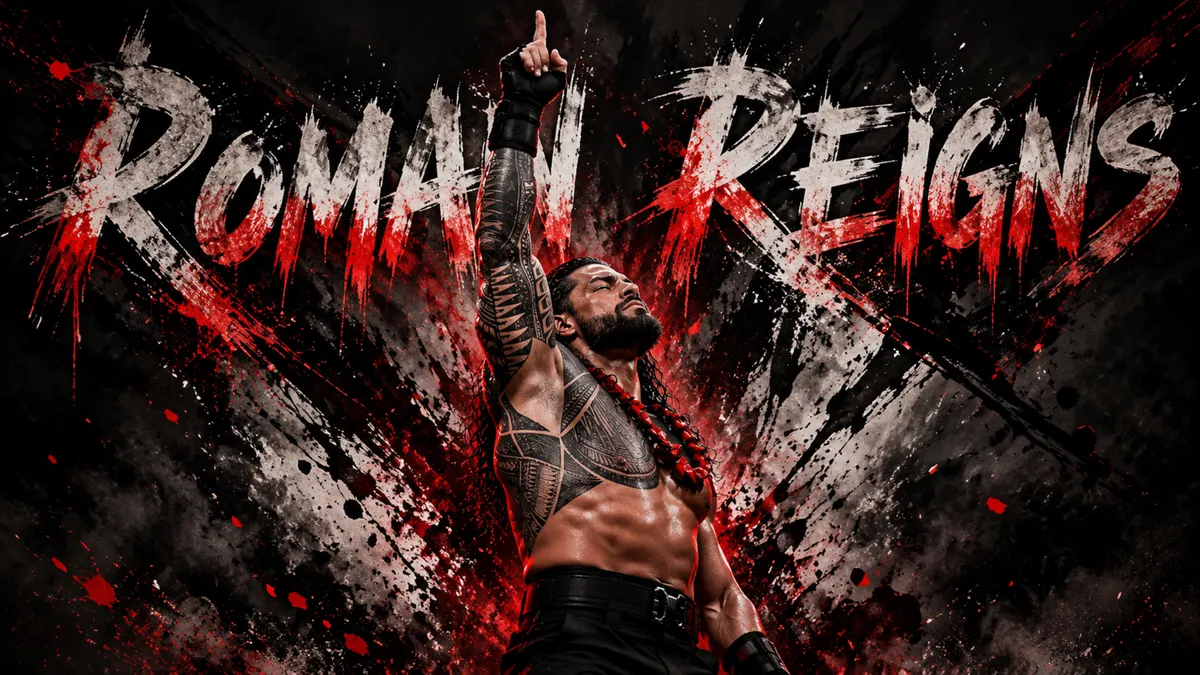 Roman Reigns con tatuajes tribales levantando su dedo en pose de victoria sobre un fondo negro con salpicaduras de pintura roja y blanca