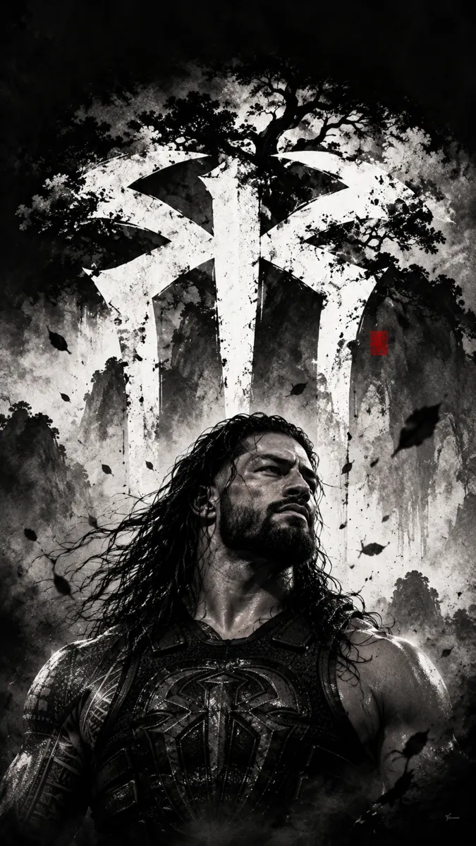 Roman Reigns mirando hacia arriba con cabello largo y barba, vistiendo su equipo de lucha frente a un gran logotipo tribal.