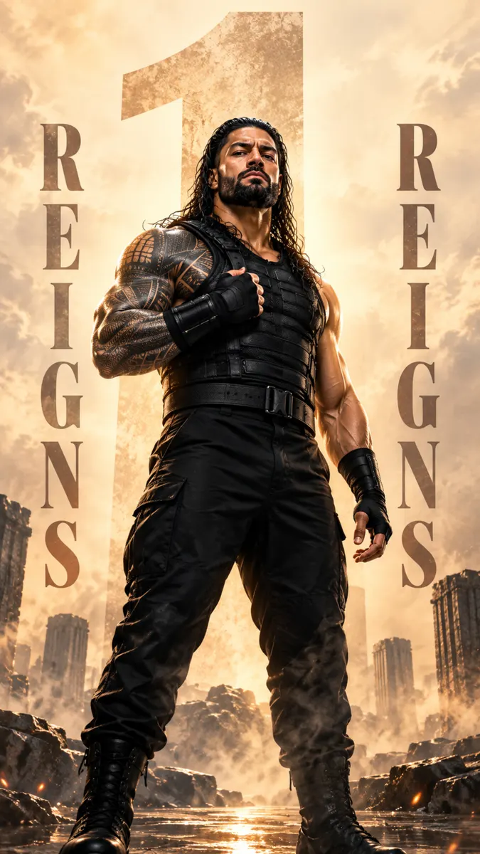 Roman Reigns de pie con un chaleco táctico negro y pantalones cargo con un número uno grande y texto en el fondo.