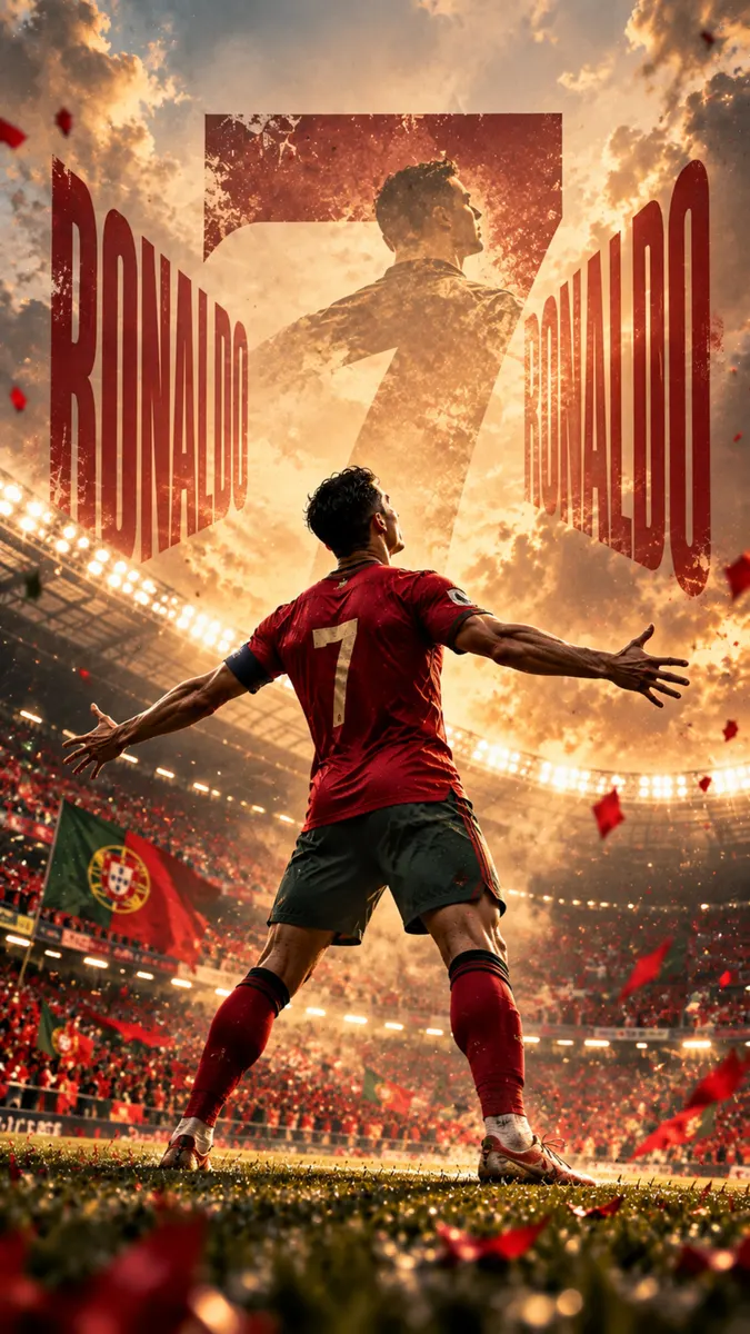 Cristiano Ronaldo visto desde atrás con los brazos abiertos en una camiseta roja dentro de un estadio de fútbol lleno de gente.