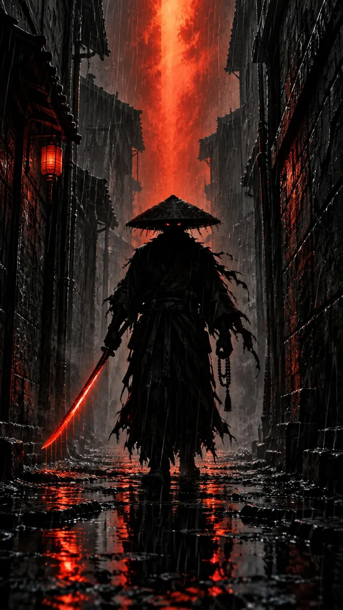 Una silueta oscura de un samurai con sombrero de paja de pie en un callejón lluvioso con una espada roja brillante.