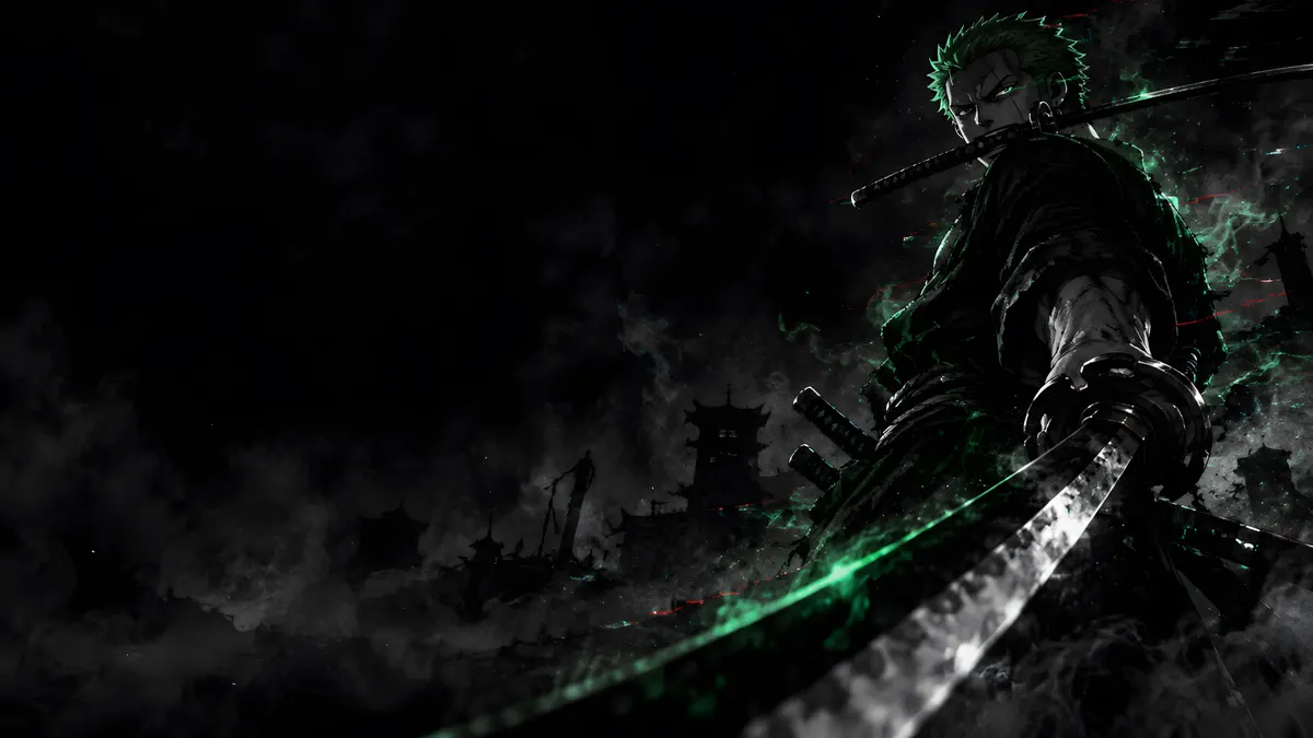 Roronoa Zoro with green energy surrounding him while holding a sword in his mouth in a dark setting