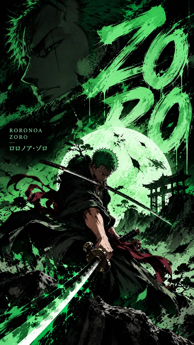 Roronoa Zoro держит два меча в темном лесу с большой зеленой луной и традиционным японским святилищем на заднем плане.