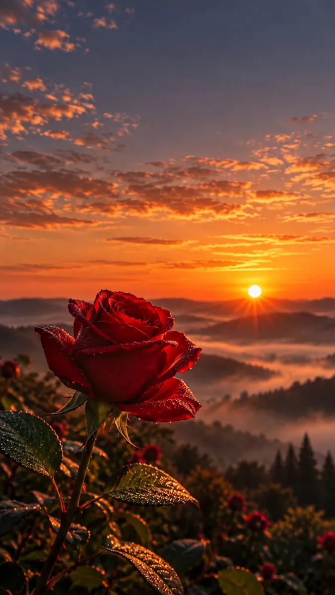 Close-up de uma rosa vermelha com gotas de água em suas pétalas diante de um nascer do sol sobre as montanhas.