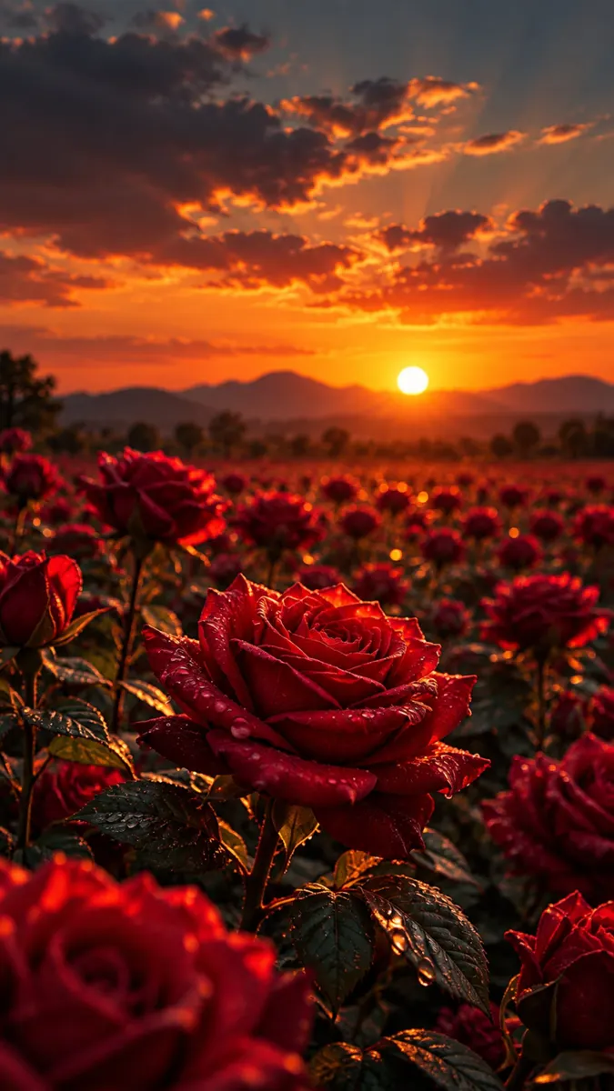 Un primer plano de una rosa roja en un campo con muchas otras rosas bajo un brillante cielo naranja al atardecer.
