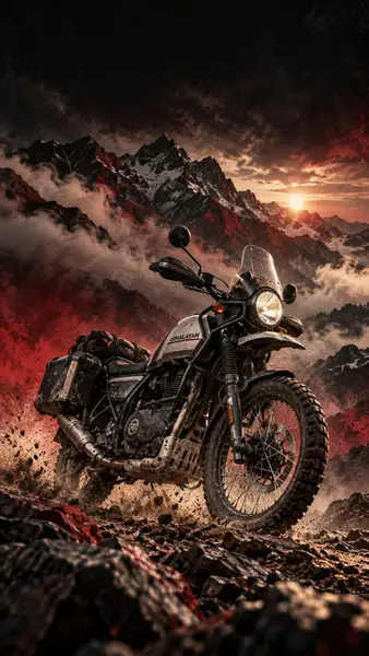 Royal Enfield Himalayan motorfiets op een onverhard pad met ruige, besneeuwde bergen en rode zonsondergangwolken op de achtergrond.