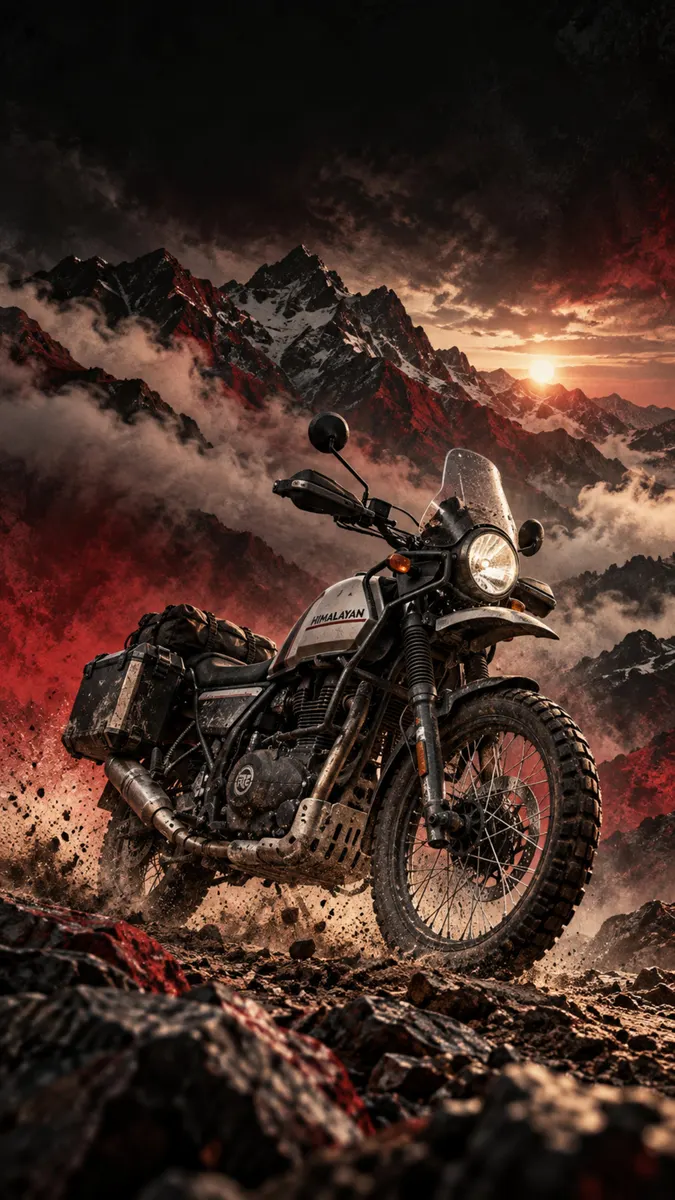 Motocicleta Royal Enfield Himalayan en un sendero de tierra con montañas escarpadas cubiertas de nieve y nubes rojas al atardecer de fondo.