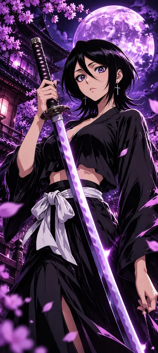 Rukia Kuchiki con cabello corto negro vistiendo un kimono negro y sosteniendo una espada morada brillante bajo una luna llena.