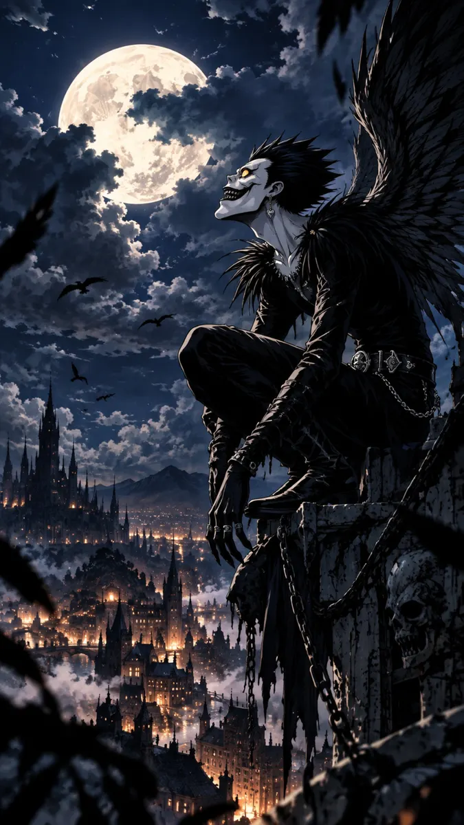 Ryuk de Death Note sentado em uma borda de pedra gótica com grandes asas pretas, olhando para uma lua cheia sobre uma cidade.