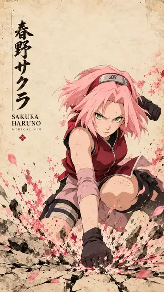Sakura Haruno mit rosa Haaren und roter Weste, hockend und auf den Boden schlagend, umgeben von rissiger Erde und Kirschblütenblättern.