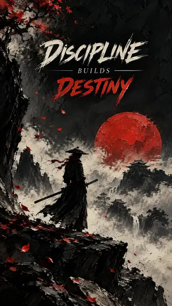 Siluet seorang samurai dengan pedang berdiri di tebing berbatu dengan dedaunan merah dan bulan merah besar.