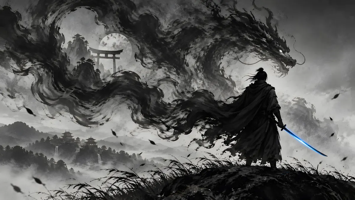 A samurai with a sword standing on a hill looking at a large smoke dragon above a Japanese temple and full moon.