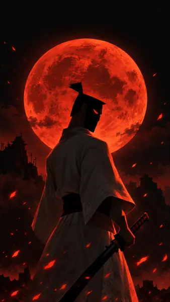 Siluet Samurai Jack mengenakan jubah putih dan memegang katana dengan latar belakang bulan merah besar yang bersinar di langit malam.
