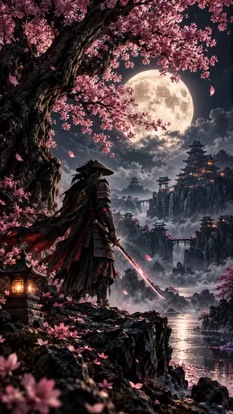 Seorang samurai dengan pedang berdiri di tebing berbatu di bawah bulan purnama besar dan pohon bunga sakura merah muda.