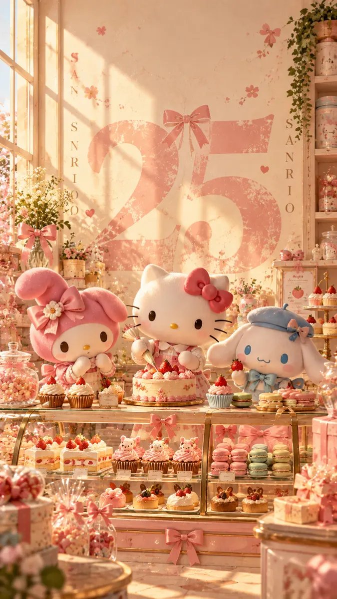 Personajes Hello Kitty, My Melody y Cinnamoroll en una pastelería rosa decorando un pastel con fresas.