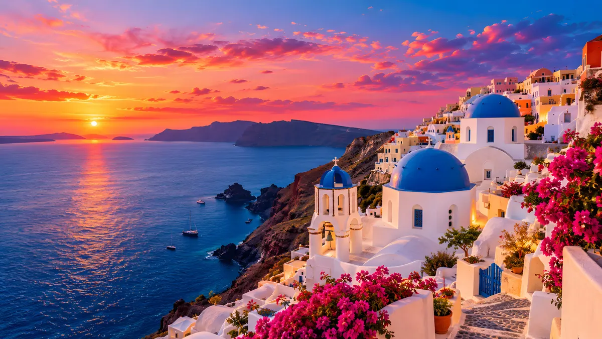 Bâtiments blancs avec des dômes bleus à Santorin, en Grèce, entourés de fleurs roses avec un coucher de soleil sur la mer.