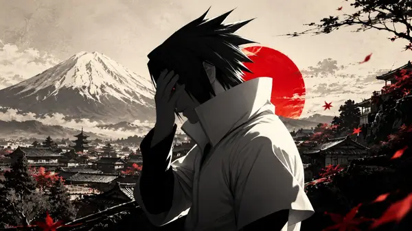 Sasuke Uchiha com cabelo preto espetado cobrindo o rosto, em frente a um grande sol vermelho e o Monte Fuji em uma paisagem japonesa.