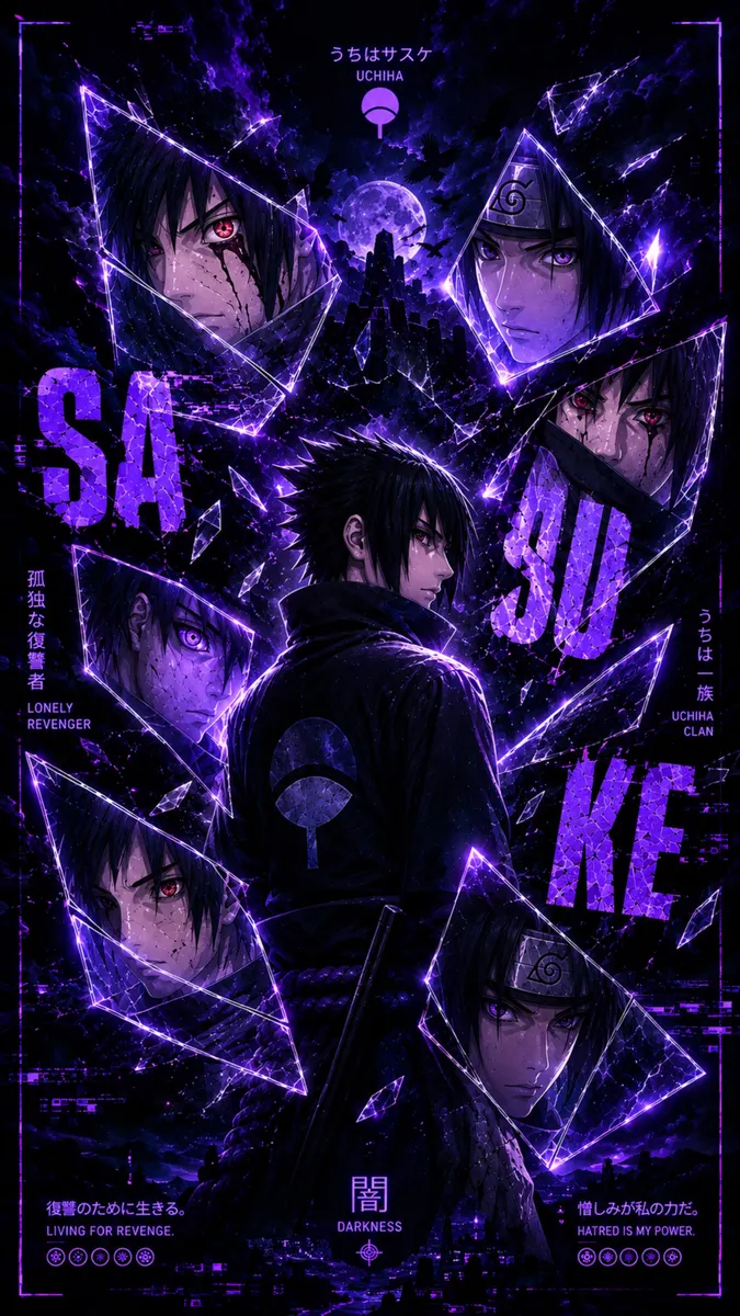 Sasuke Uchiha entouré de fragments de verre brisé violets avec son nom écrit en grandes lettres et des symboles de clan.