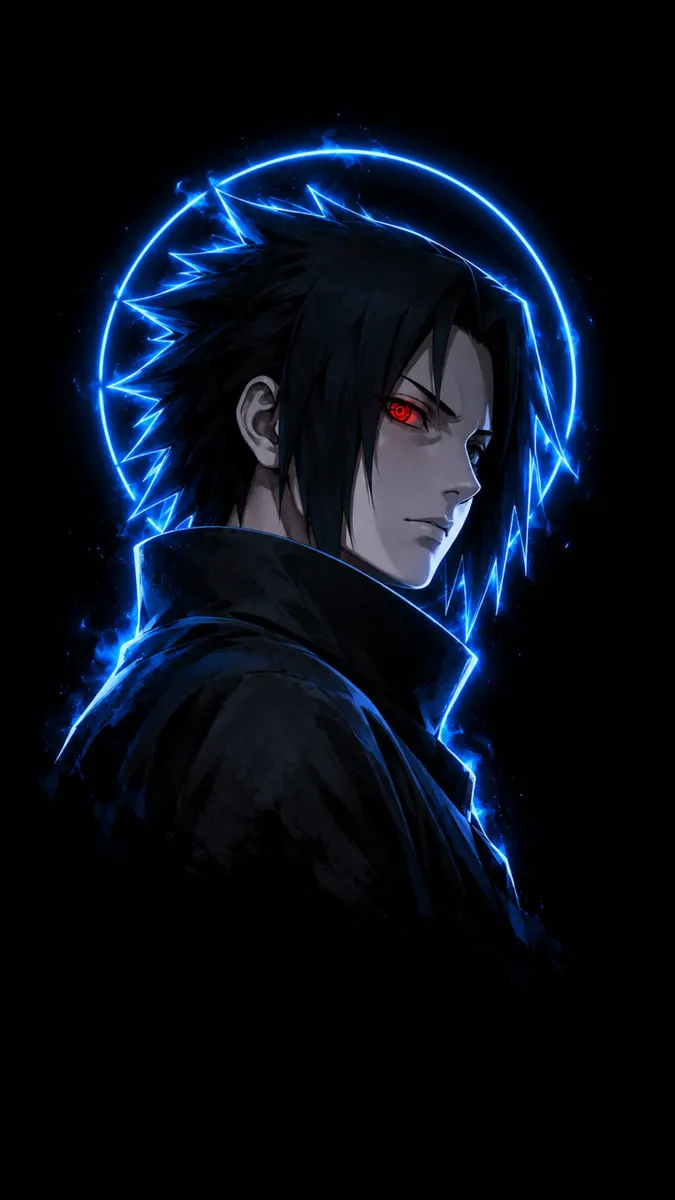 Sasuke Uchiha con cabello negro y un ojo Sharingan rojo brillante, enmarcado por un círculo eléctrico azul sobre un fondo negro.