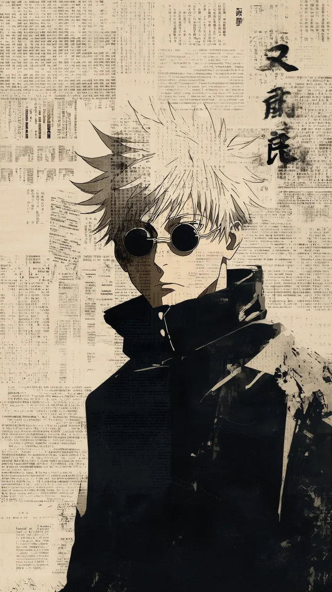 Satoru Gojo con cabello blanco puntiagudo y gafas de sol redondas usando una chaqueta oscura de cuello alto sobre un fondo de impresión de periódico vintage.
