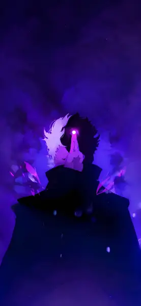 ساتورو غوجو من Jujutsu Kaisen بشعر أبيض يقوم بإشارة باليد مع ضوء أرجواني متوهج في جو مظلم.