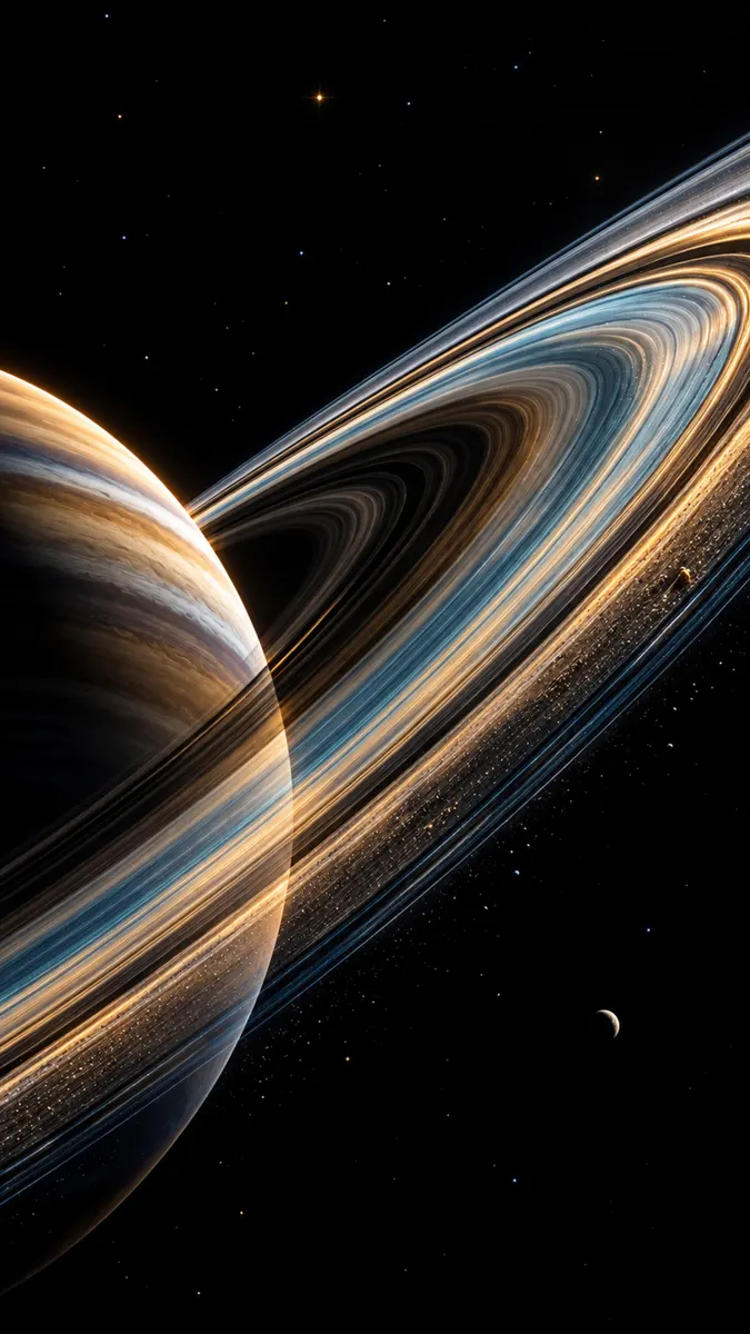 Vue rapprochée de Saturne avec ses anneaux brillants et une petite lune flottant dans le vide sombre de l'espace.