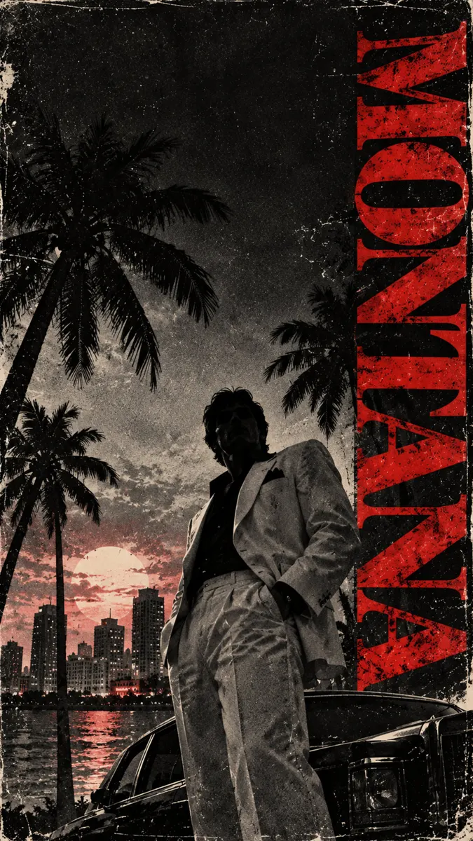 Silueta de Tony Montana con traje blanco frente a un atardecer en Miami con palmeras y un coche