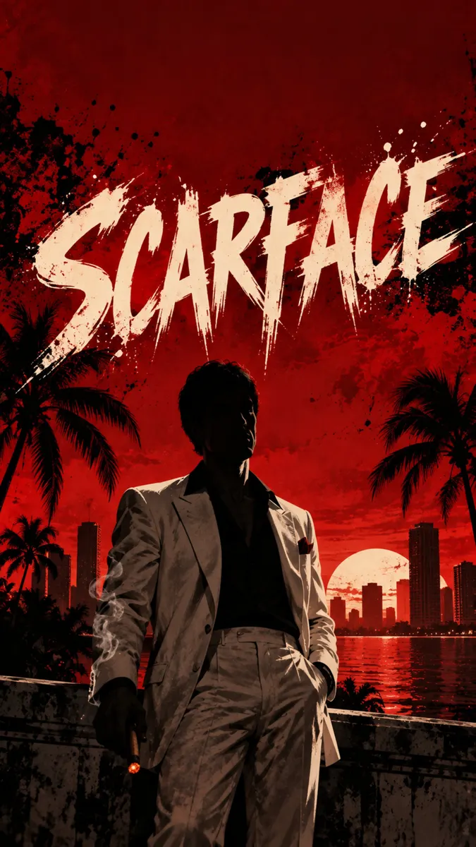 Silueta de Tony Montana con traje blanco sosteniendo un cigarro frente a un atardecer rojo con palmeras y el horizonte de la ciudad.