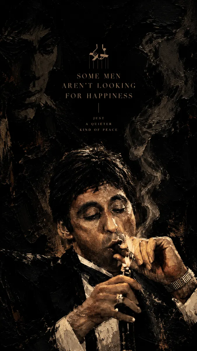 Tony Montana menyalakan cerutu dengan gaya artistik yang gelap, moody, dan bertekstur pada latar belakang hitam.