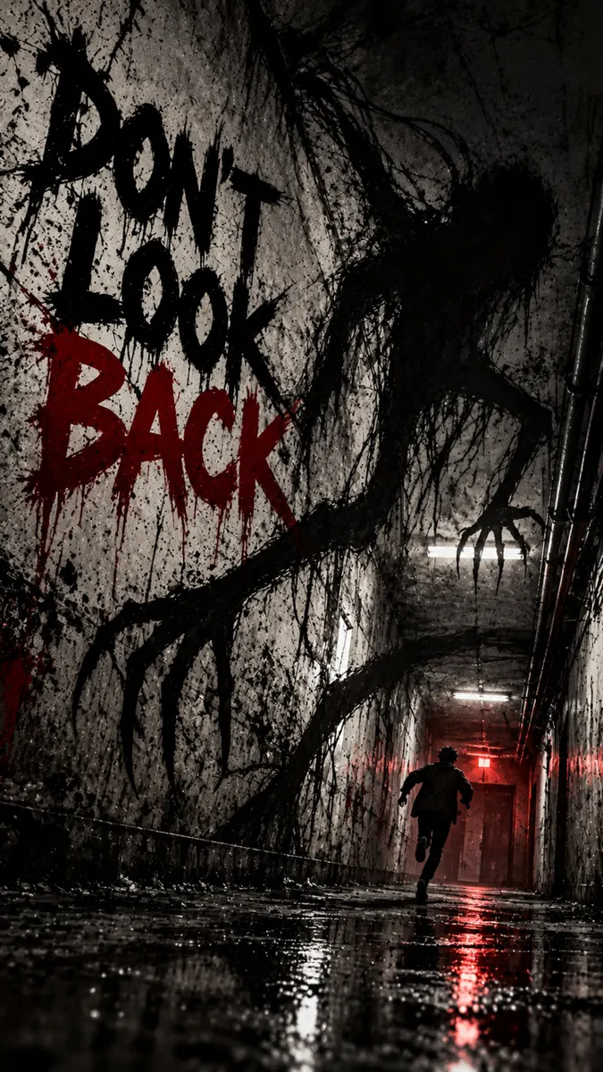 A dark hallway with a person running away from a large, shadowy, clawed creature painted on the wall with red text.