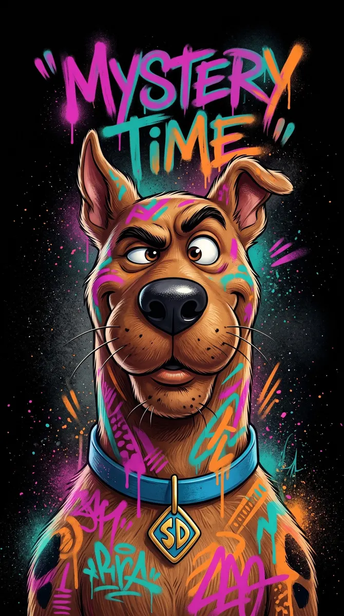 Scooby Doo tampak juling dengan percikan cat graffiti warna-warni di bulunya dan teks Mystery Time di atasnya.