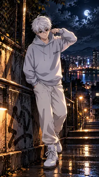 Gece ıslak bir sokakta duran, gri kapüşonlu, beyaz saçlı anime karakteri Seishiro Nagi.