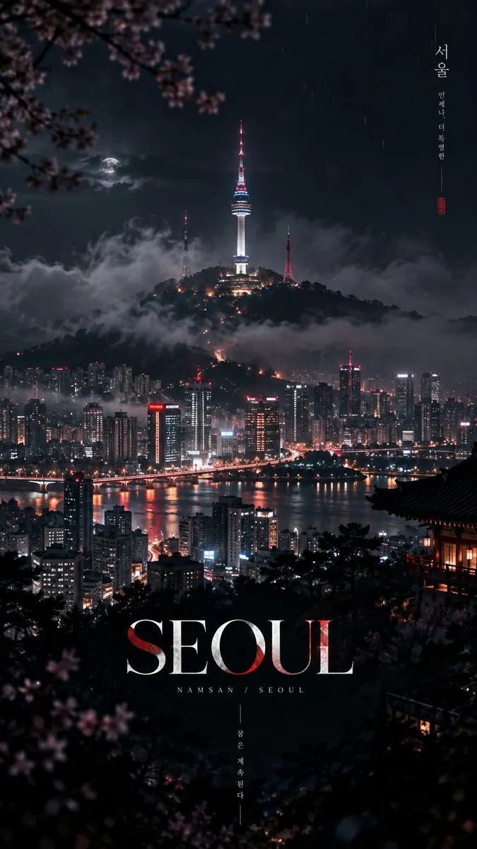 Namsan Tower, nehir, sisli dağlar ve ön planda kiraz çiçeği dalları ile Seul şehir silüetinin üzerinde gece parlıyor.