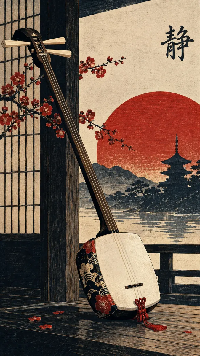 Kırmızı erik çiçekleri ve uzaktaki pagoda silüeti ile ahşap bir direğe yaslanmış üç telli shamisen enstrümanı.
