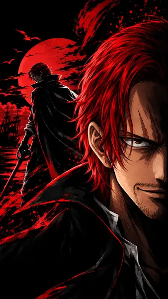 شانكس من One Piece بشعر أحمر وندبة، يقف أمام قمر أحمر كبير وسفينة قراصنة.