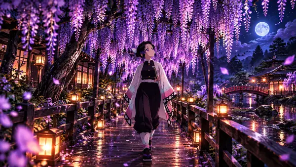 夜、満月が輝く空の下、光る紫色の藤の花に囲まれた木製の橋を渡るShinobu Kocho