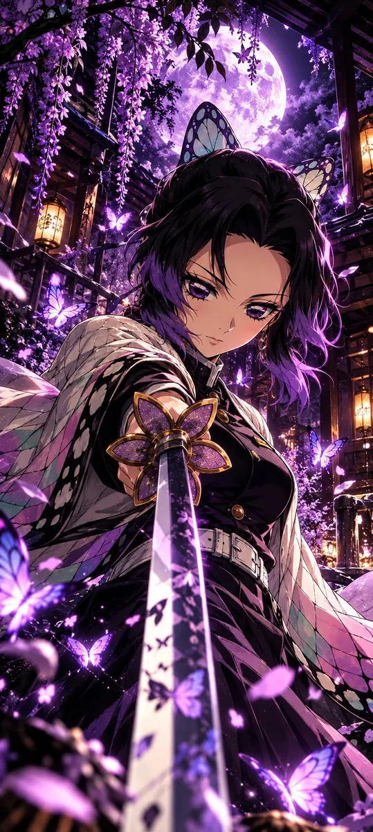 Shinobu Kocho com cabelo roxo segurando uma espada à sua frente, cercada por borboletas brilhantes e flores de glicínia à noite.