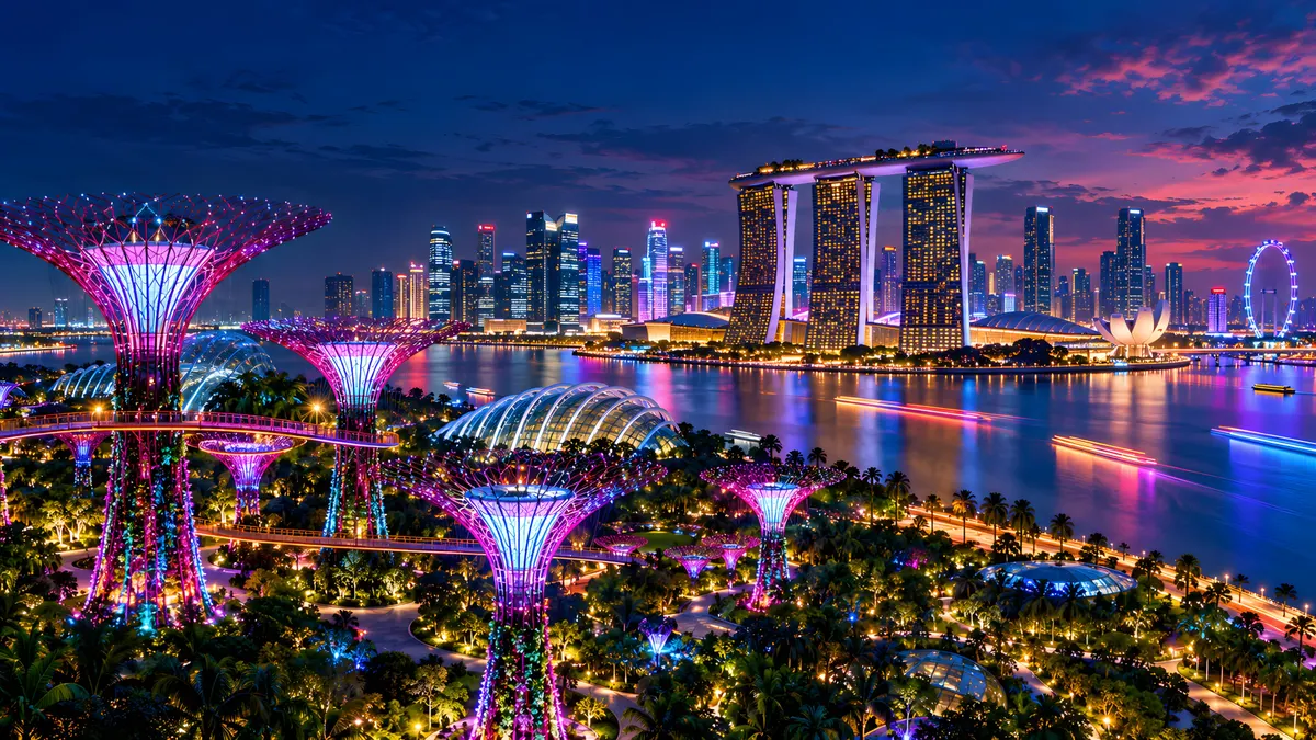 Nachtansicht der Singapur Gardens by the Bay mit leuchtenden Supertree-Strukturen und dem Marina Bay Sands Hotel auf der anderen Seite des Wassers.