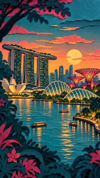 Arte in stile artigianato di carta dello skyline di Marina Bay a Singapore con nuvole al tramonto arancioni e fogliame scuro in primo piano.