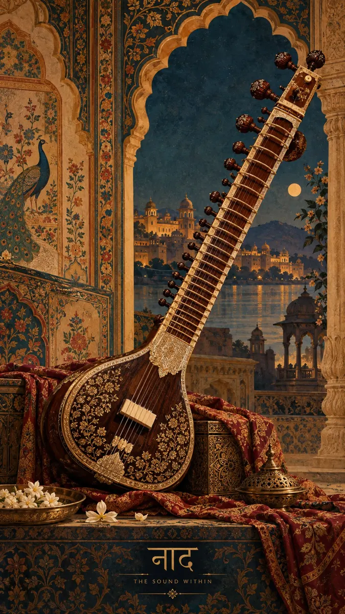 Hint sarayı manzarasının önünde, kırmızı kumaş kaplı bir masanın üzerinde duran, karmaşık çiçek oymalı ahşap bir sitar.